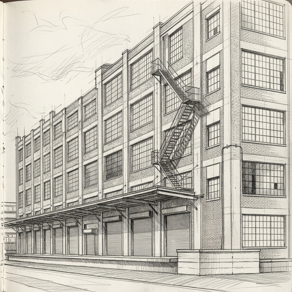 Sunset Park loft interior — concrete columns, steel sash, high ceilings